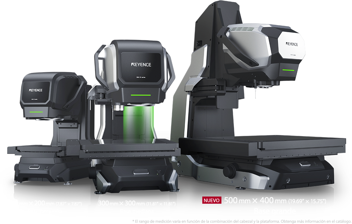 Cabezal de IM de campo amplio・Cabezal LM de alta precisión/ 200 mm × 200 mm (7.87″ × 7.87″) Base pequeña・300 mm × 300 mm (11.81″ × 11.81″) Base mediana・500 mm × 400 mm (19.69″ × 15.75″) Base grande