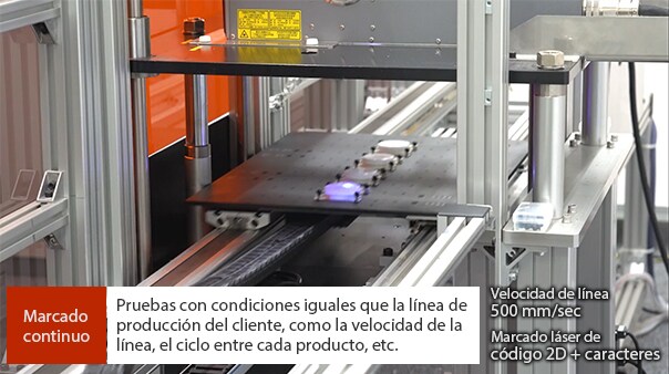 Marcado continuo: Pruebas con condiciones iguales que la línea de producción del cliente, como la velocidad de la línea, el ciclo entre cada producto, etc.