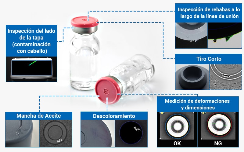 Inspección de rebabas a lo largo de la línea de unión, Inspección del lado de la tapa (contaminación con cabello), Tiro Corto, Mancha de Aceite, Descoloramiento, Medición de deformaciones y dimensiones