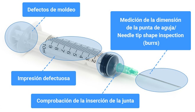 Defectos de moldeo, Medición de la dimensión de la punta de aguja/Needle tip shape inspection (burrs), Impresión defectuosa, Comprobación de la inserción de la junta