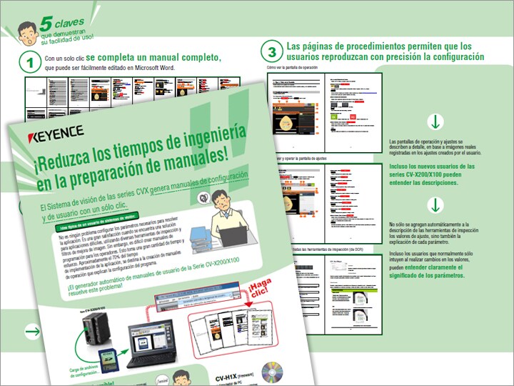 ¡Reduzca los tiempos de ingeniería en la preparación de manuales! El Sistema de visión de las series CVX genera manuales de configuración y de usuario con un sólo clic. (Español)