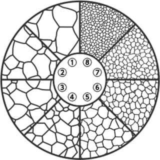 Escala granulométrica para una lente ocular de microscopio metalúrgico utilizada en comparaciones visuales