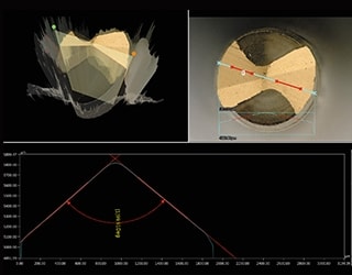 Ejemplo de mediciones de la forma 3D y de perfiles de una punta de broca