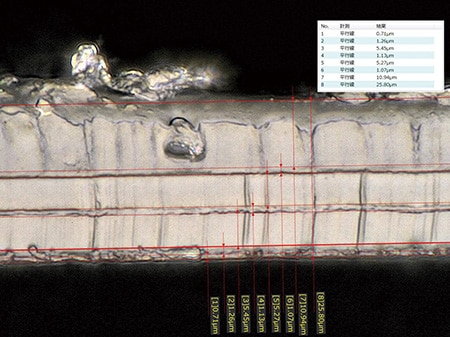 Medición del grosor de la sección transversal de una película multicapa utilizando el Microscopio Digital 4K Serie VHX