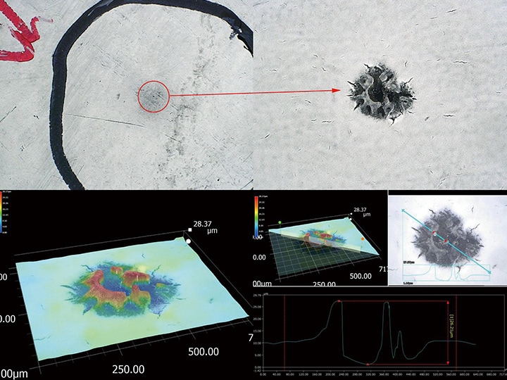 Arriba: observación con gran aumento del agujero de alfiler /abajo: medición de la forma 3D y de perfiles