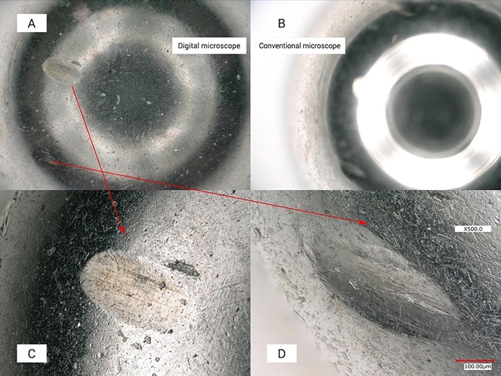 A: Observación con un Microscopio Digital B: Observación con un microscopio C: Observación de una mella en la superficie frontal D: Observación de una mella en la superficie posterior (500x)