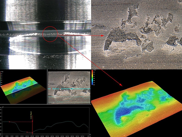 Parte del sello de aceite de un eje impulsor (observación con gran aumento de la superficie, medición de la forma 3D, forma completa)