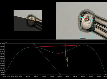 Medición del perfil de un defecto de soldadura en un electrodo utilizando el Microscopio Digital 4K Serie VHX