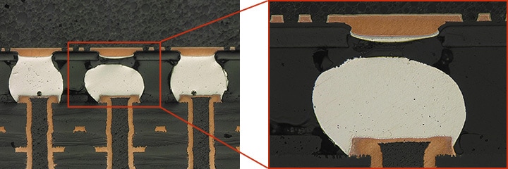 Sección transversal de matriz de rejilla de bolas (BGA): observación de un defecto de continuidad debido a una bola de soldadura agrietada (izquierda: 200x/derecha: 500x)