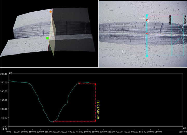 Iluminación coaxial + HDR (300×) + Visualización 3D y medición de perfiles