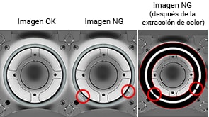 Imagen OK, Imagen NG, Imagen NG (después de la extracción de color)