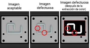 Imagen aceptable, Imagen defectuosa, Imagen defectuosa (después de la extracción de color)